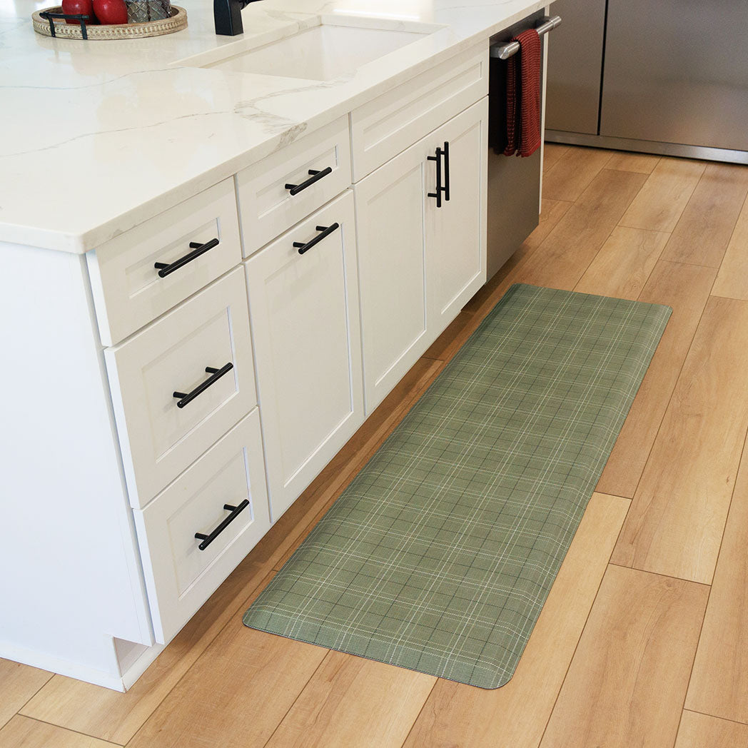 Classic green plaid anti-fatigue kitchen runner mat with wipeable surface and neutral design for kitchen comfort.