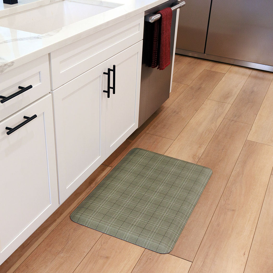 Classic green plaid anti-fatigue kitchen mat with wipeable surface and neutral design for kitchen comfort.