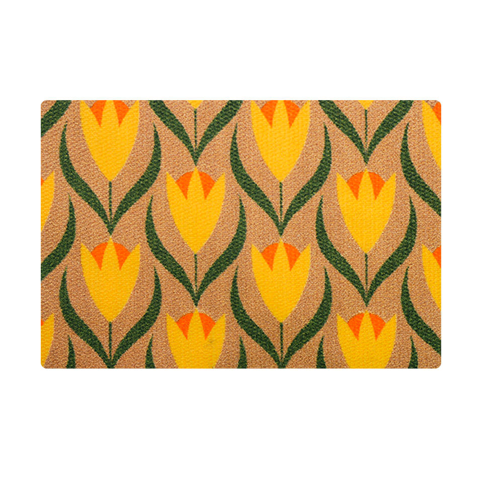 coir single sized doormat with yellow, orange, and green floral design
