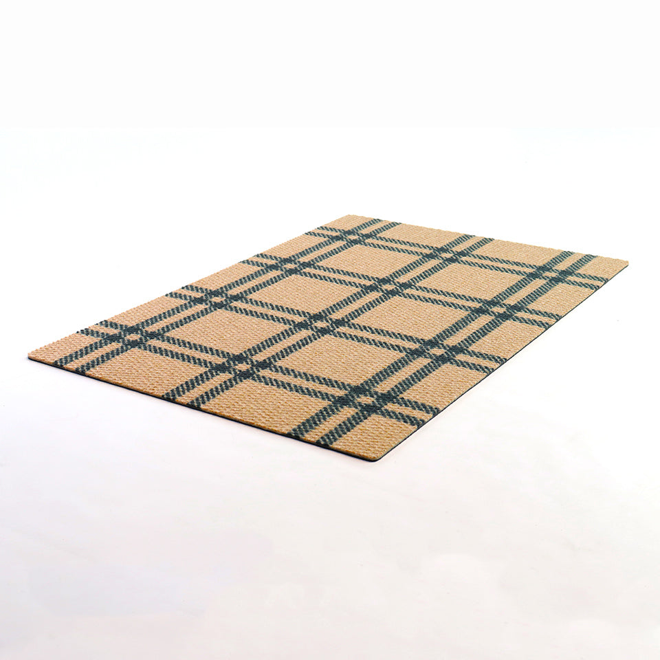 Cute doormat features a yellow and black plaid and is ideal as a covered front porch mat or inside welcome mat.