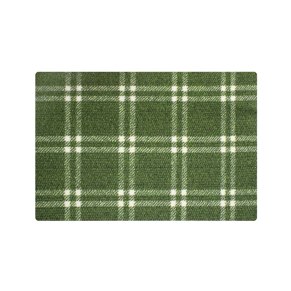 single door classic plaid door mat with green and white plaid design