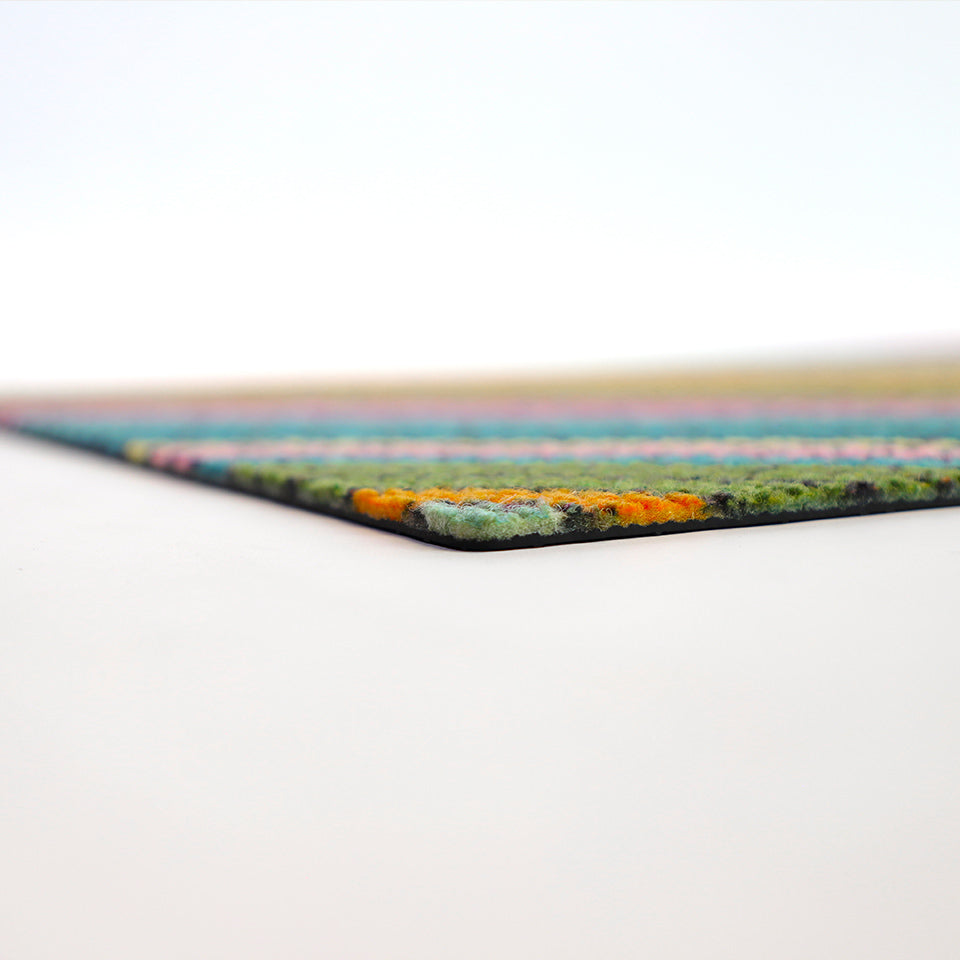 Low profile shot of our Dutch Fields brightly colored doormat with a MCM vibe.  Low profile doormats help prevent tripping.