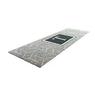 White and black wide monogrammed doormat features modern text and pattern to be placed at larger front doors and French Doors.