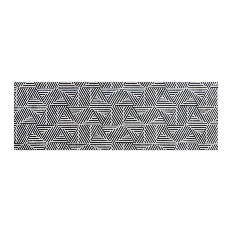 Neighburly Escher decorative indoor doormat features a modern geometric pattern in black and white in a larger double door doormat size.