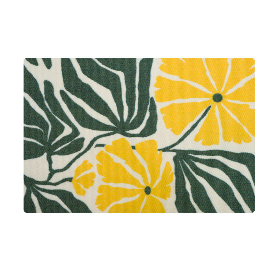 Green and yellow funky floral botanical doormat on white background