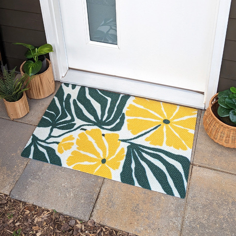 Green and Yellow funky retro floral botanical doormat on white background