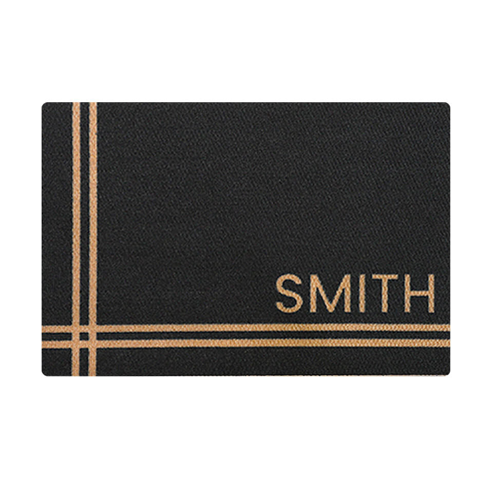 Personalized tan and black doormat with hashtag pattern customized with last name