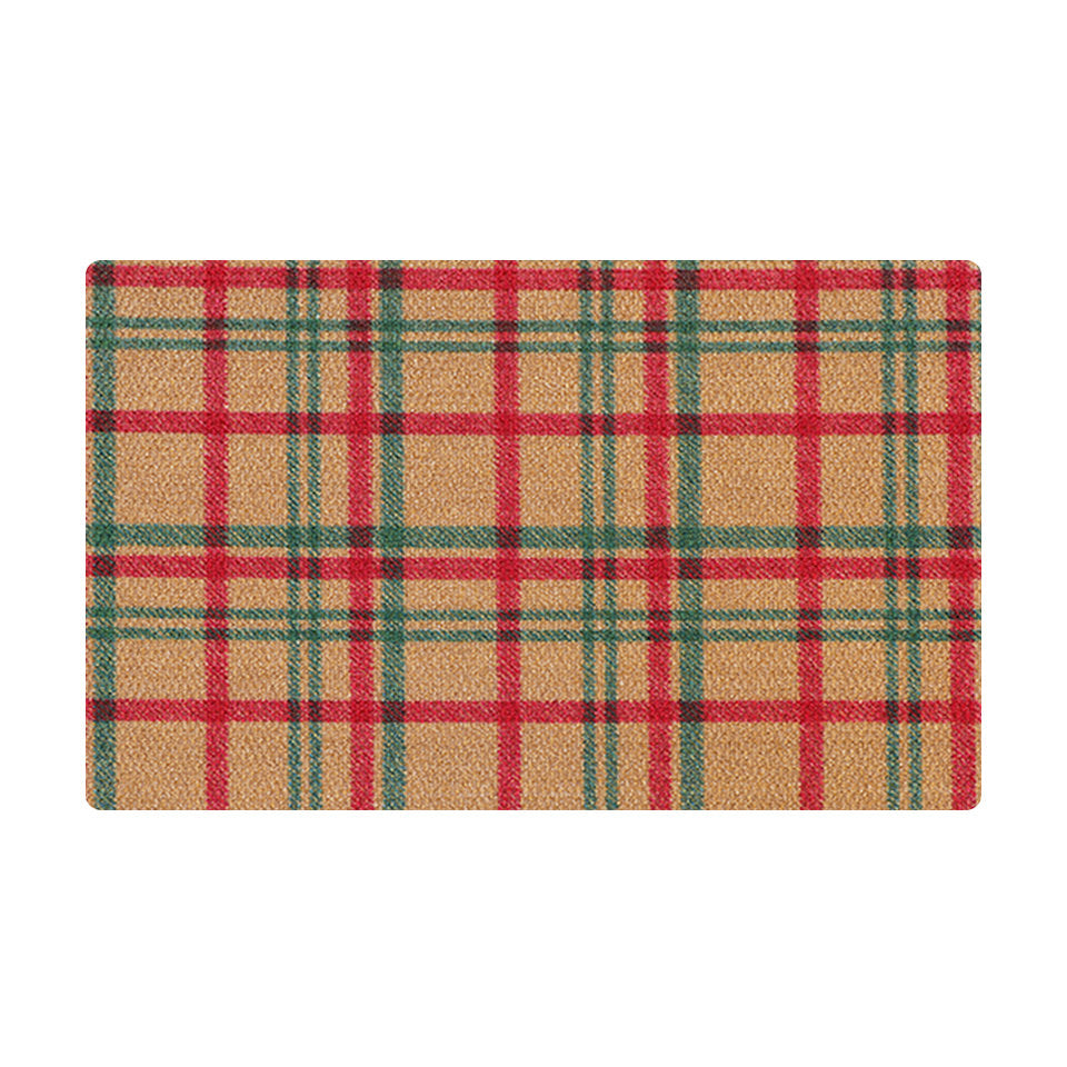 Green red and coir holiday glen plaid doormat for single door