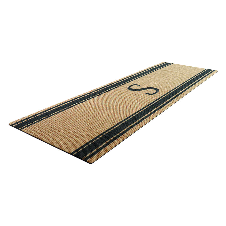 Wheat colored double door sized doormat with monogram in the center and stripes at top and bottom
