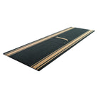 Angle shot of black and tan monogrammed striped doormat in double door size