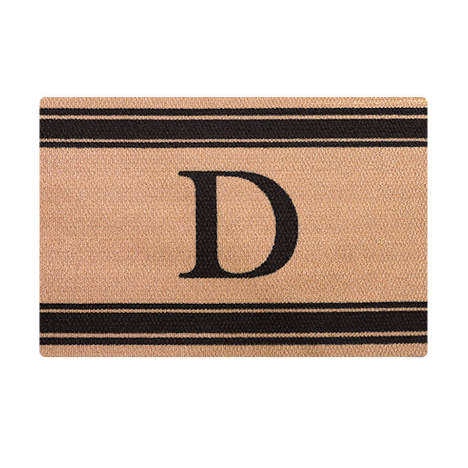 Monogrammed doormat in Wheat with black monogram and black stripes at top and bottom