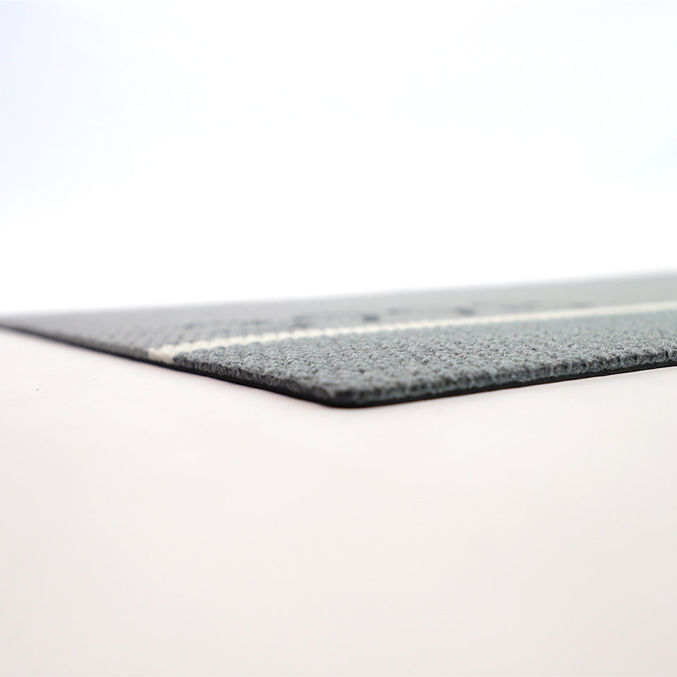 Close up of the low profile shot for Modern Main personalized doormat in grey