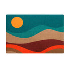 Mountain sunset doormat design in orange, burgundy, teal, yellow and brown.