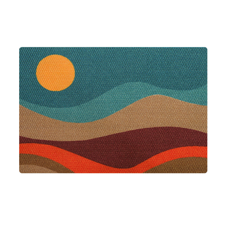Mountain sunset doormat design in orange, burgundy, teal, yellow and brown. 