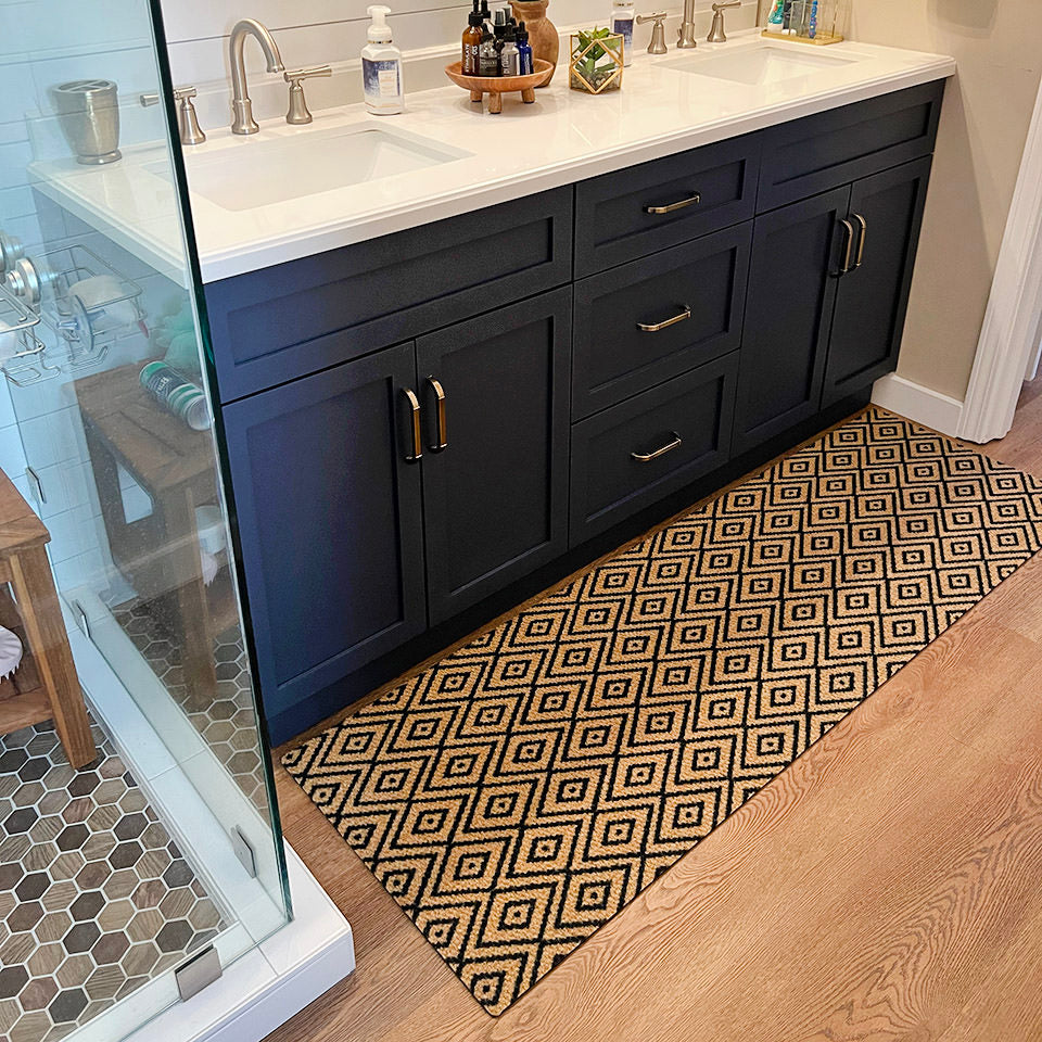 double door size coir and black diamond dot mat placed in bathroom