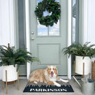 Low-profile, rubber backed Fall In Line single door doormat in front of a sage door with a cute dog laying on it.