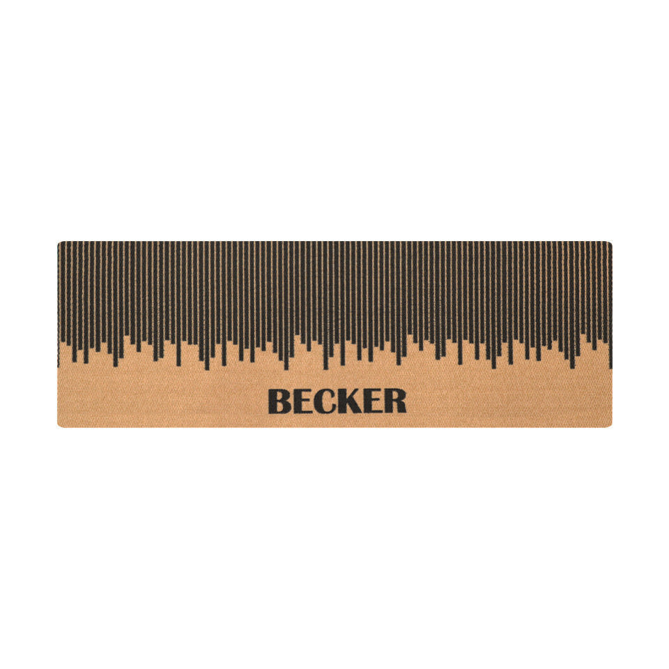 Overhead double door Fall in Line mat personalized name in black at the bottom with vertical lines staggered above.