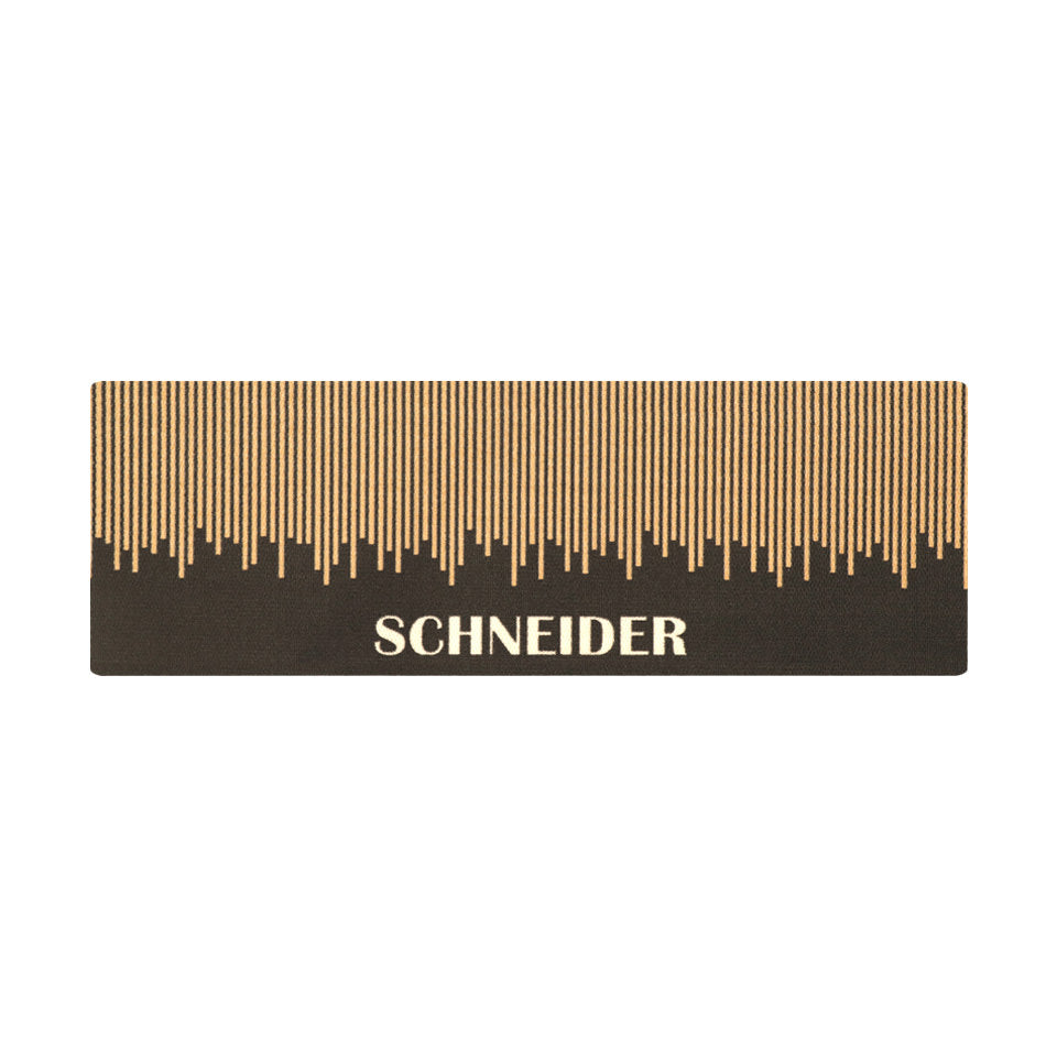 Overhead double door Fall in Line mat personalized name in white at the bottom with vertical coir lines staggered above.