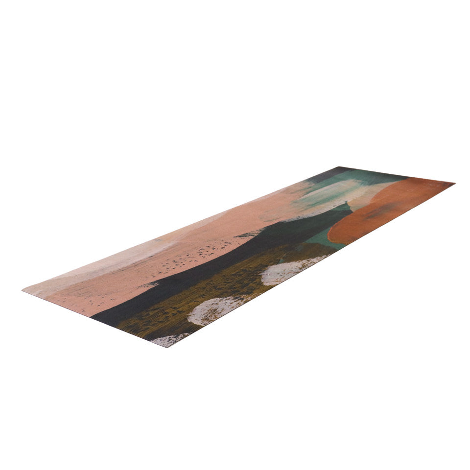Abstract Painting printed on low profile runner sized floor mat in Rust, mustard, navy, teal, and muted pink. 