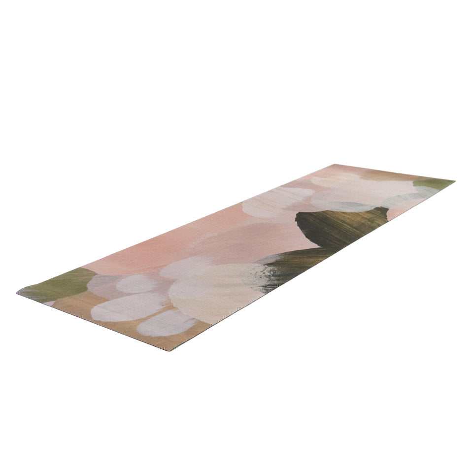Runner sized low profile washable floor mat shown with Abstract Painting printed in greens, pinks, and creams
