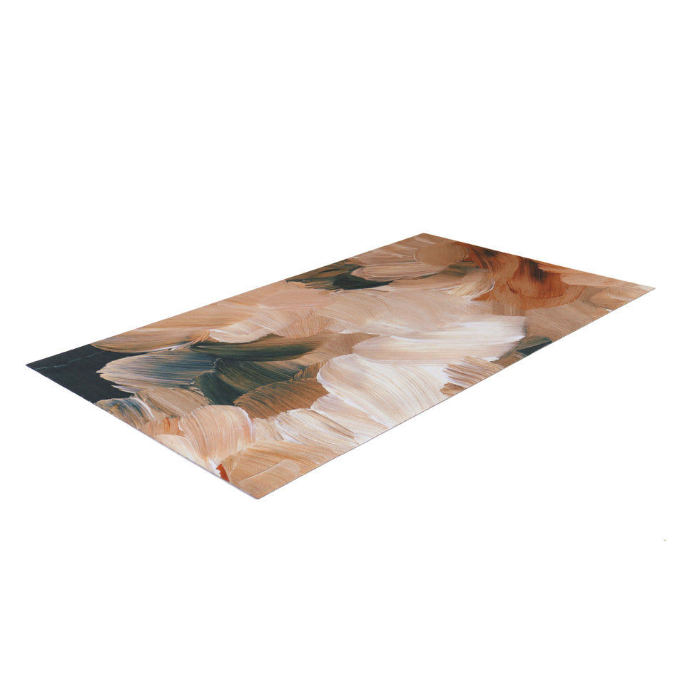 Overhead view of abstract painting printed on low profile washable floor mat in rust, cream colors, and dark tealAbstract Painting printed on low profile washable floor mat in rust, cream colors, and dark teal
