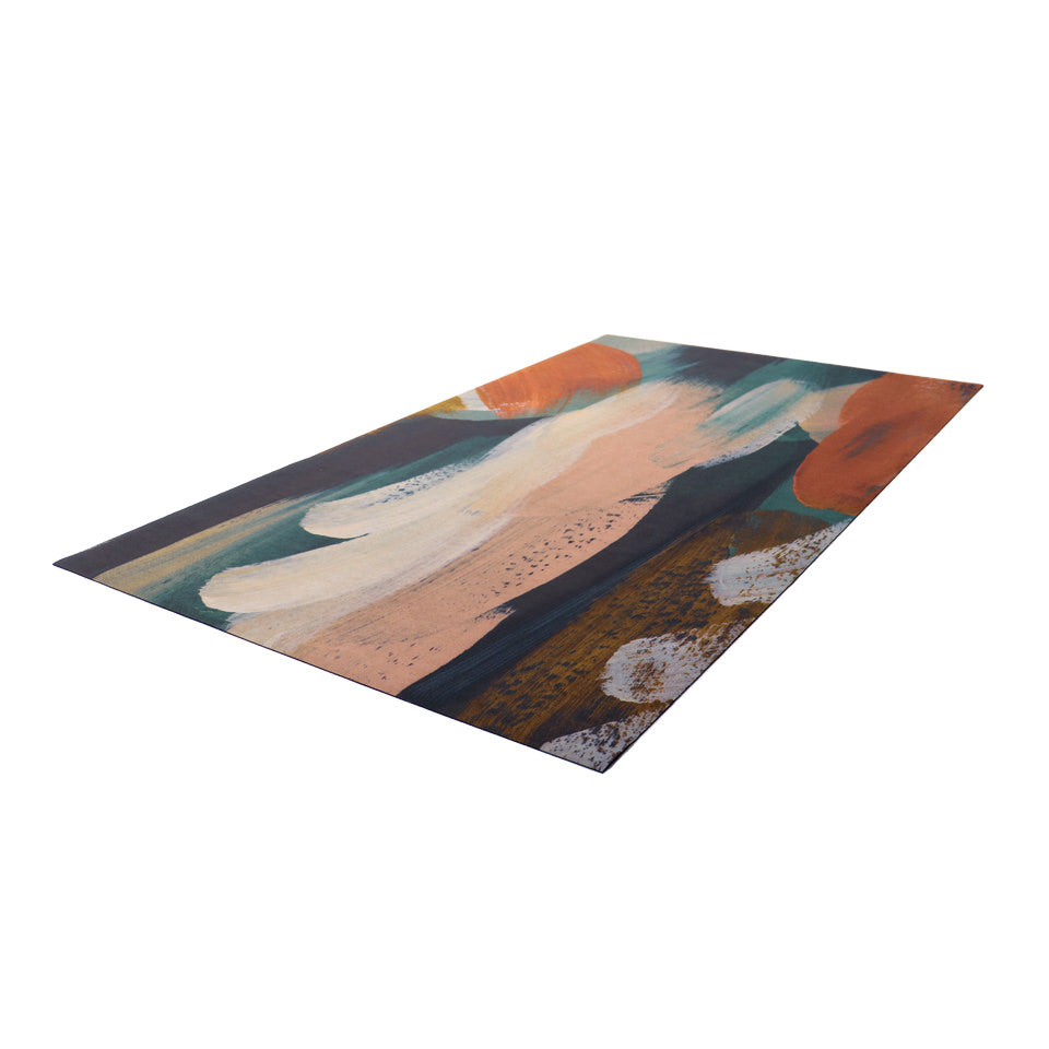 Abstract Painting printed on low profile floor mat in Rust, mustard, navy, teal, and muted pink. 