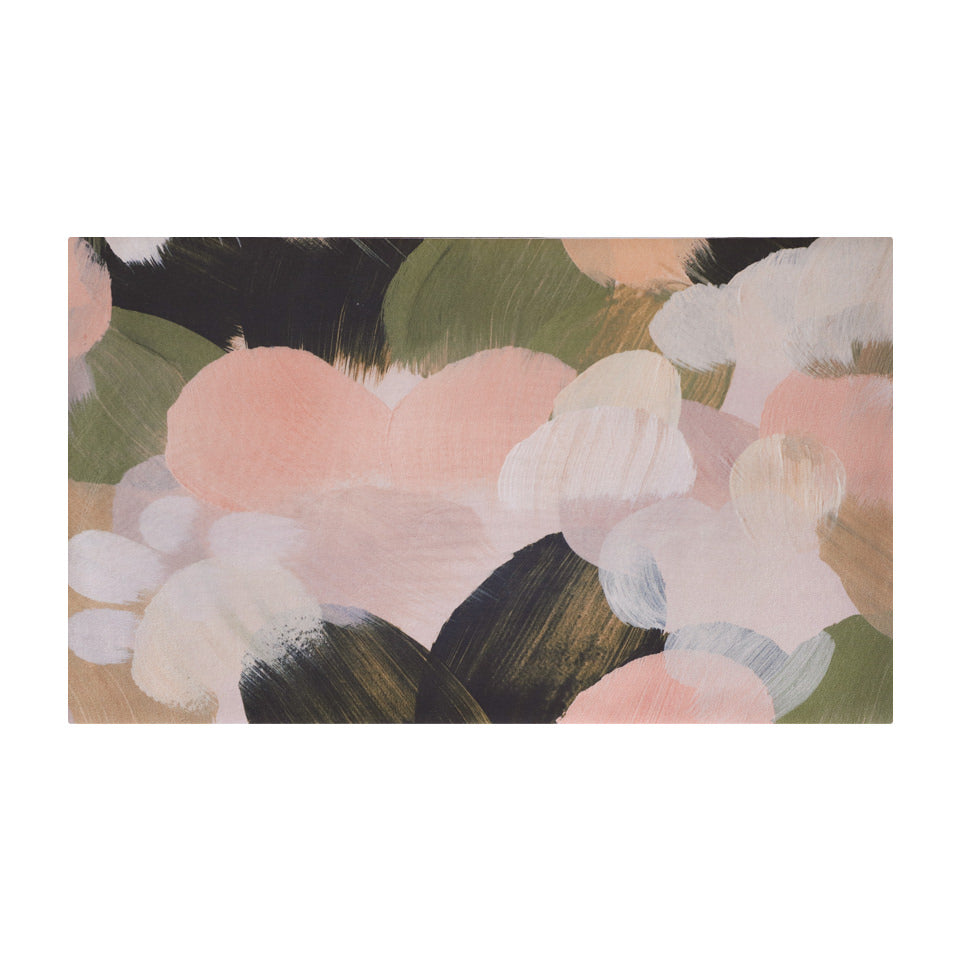 Abstract Painting printed on low profile floor mat in greens, pinks, and creams