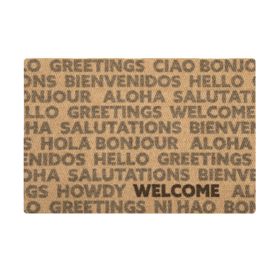 Single door overhead Global Greetings army colored text on coir repeating bilingual greetings with one black text hello
