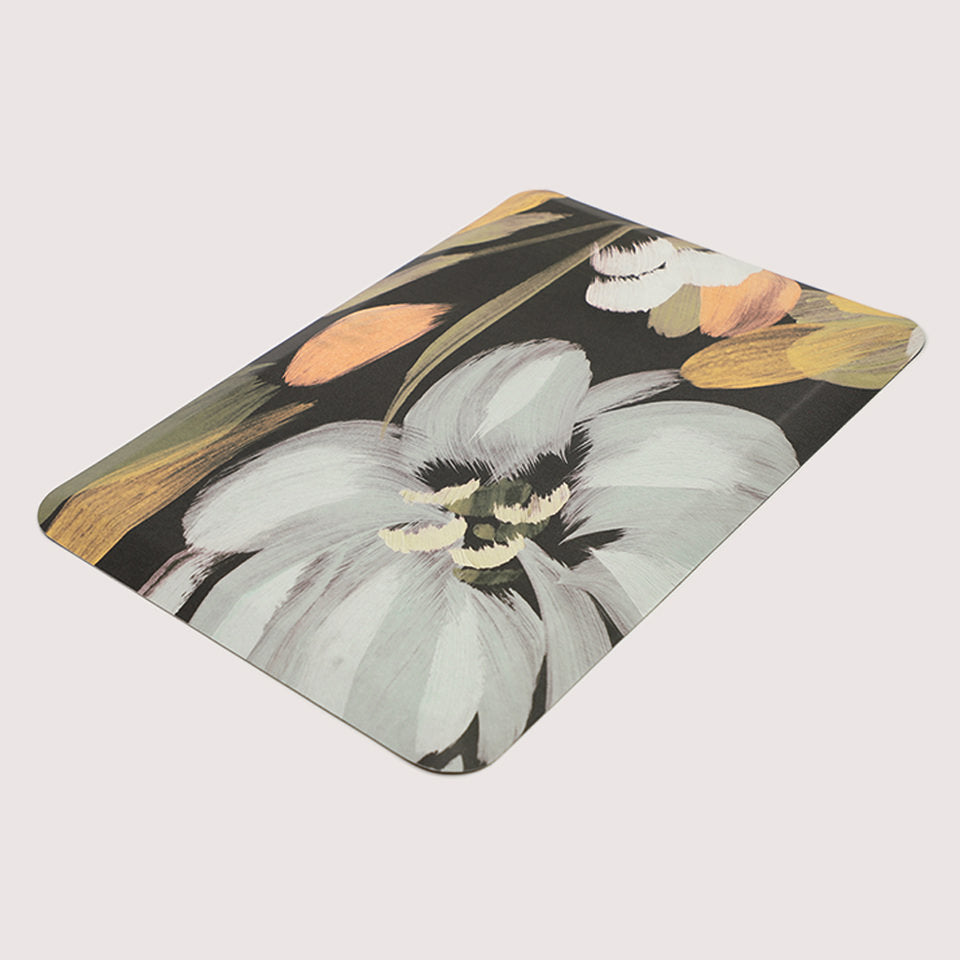Happy Feet incredibly comfortable standing standing anti-fatigue mat with a wipeable surface and HD printed floral design