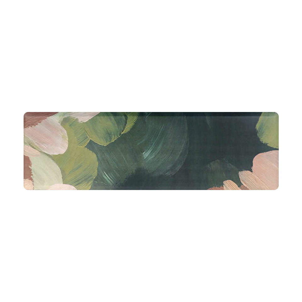 Happy Feet overhead runner image of anti-fatigue mat with a beautiful abstract floral design of deep blues and greens and bright pinks