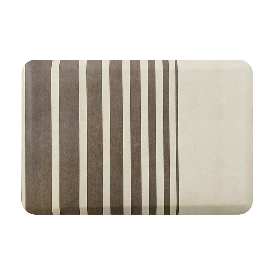 Overheard image of beautiful, high-resolution print featuring dark beige/light brown stripes in varying sizes on a cream color with a canvas-like textured background. Anti fatigue mat.
