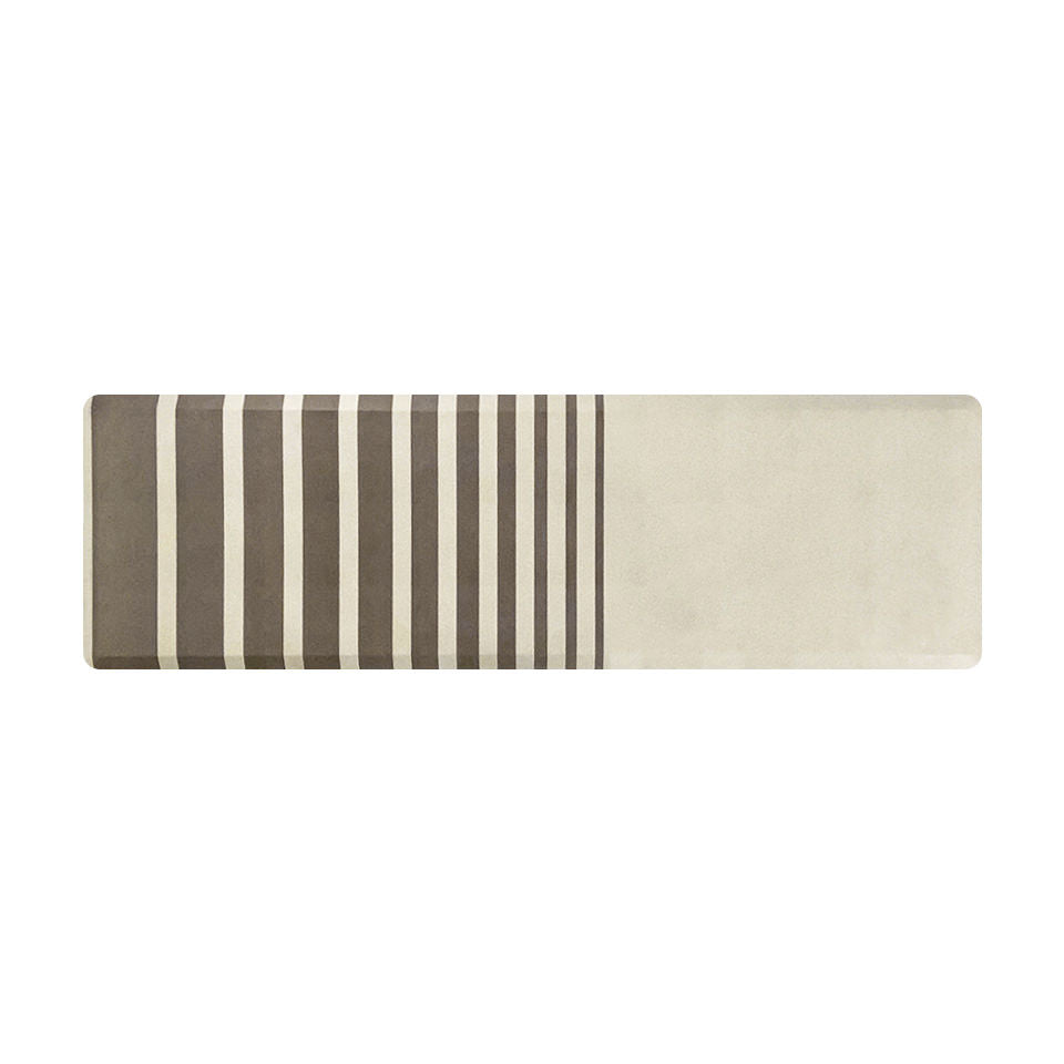 Beautiful, high-resolution printed anti-fatigue mat featuring dark beige/light brown stripes in varying sizes on a cream color with a canvas-like textured background.
