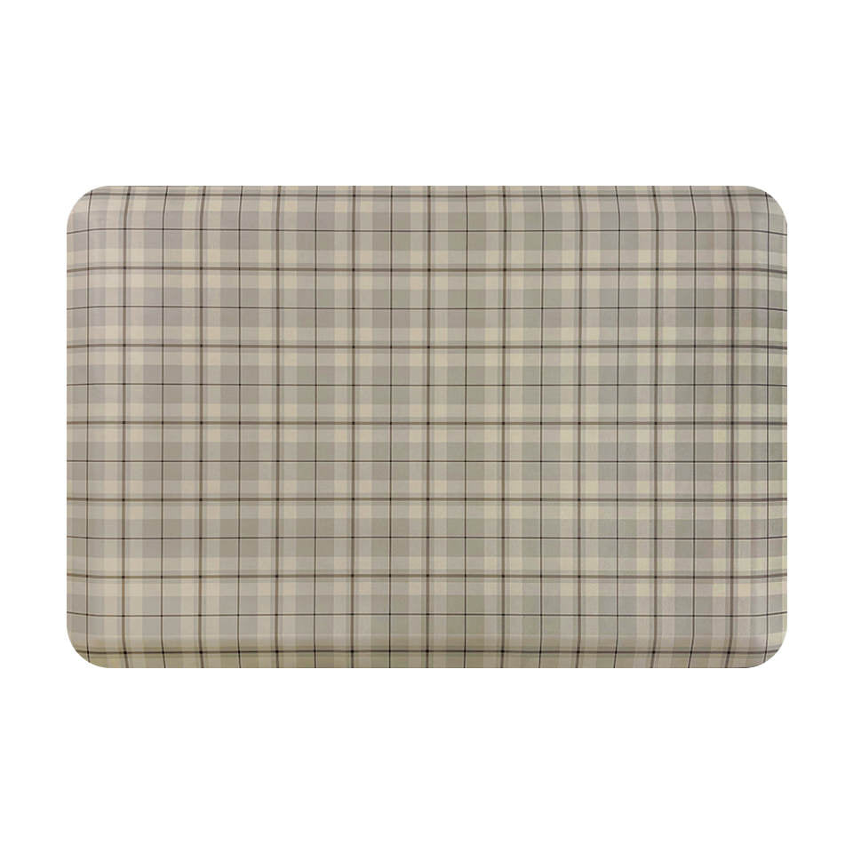 Happy Feet’s tan Brisbane Plaid anti-fatigue small mat with a traditional plaid design in neutral tan tones.