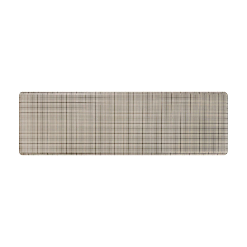 Happy Feet’s tan Brisbane Plaid anti-fatigue runner mat with a traditional plaid design in neutral tan tones.