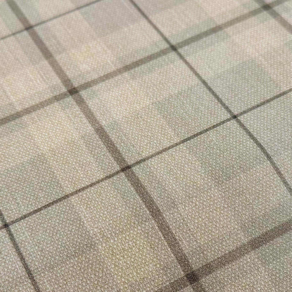 Happy Feet’s tan Brisbane Plaid anti-fatigue mat with a traditional plaid design, and a wipeable, waterproof surface.