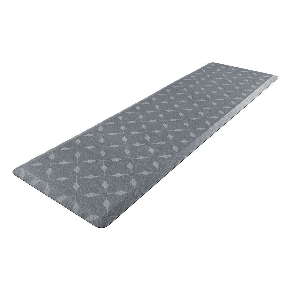 Happy Feet’s Crossing Paths anti-fatigue runner mat at an angle showing for its beveled edges.