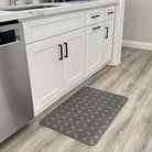 The dark grey Crossing Paths Happy Feet comfort mat in a kitchen for standing relief