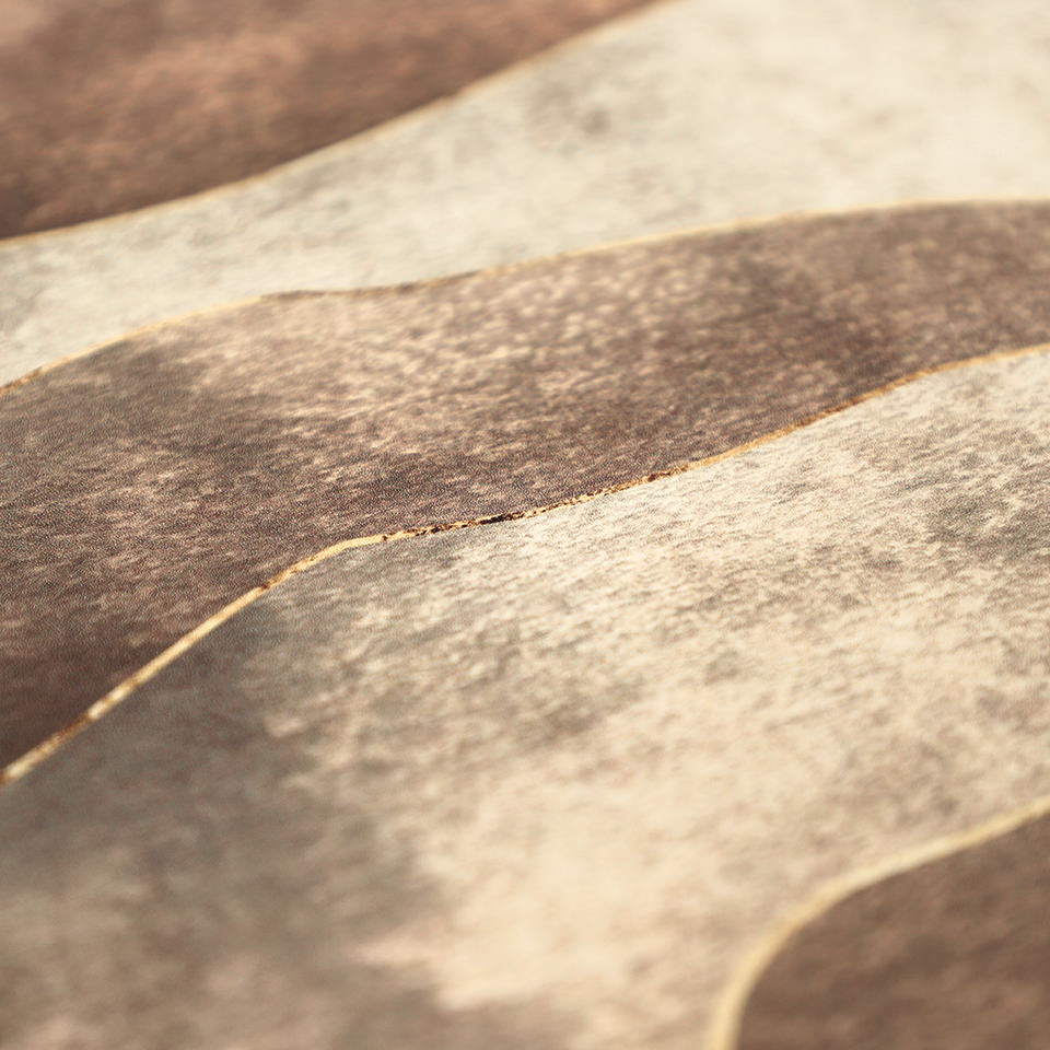 Detailed surface images of Desert Dunes HD printed surface of creams, browns, and reds with a shiny gold strip