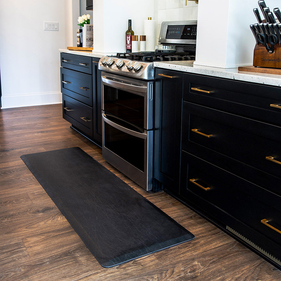 Traditional ebony leather on a Happy Feet comfortable, anti-fatigue runner mat placed in the kitchen