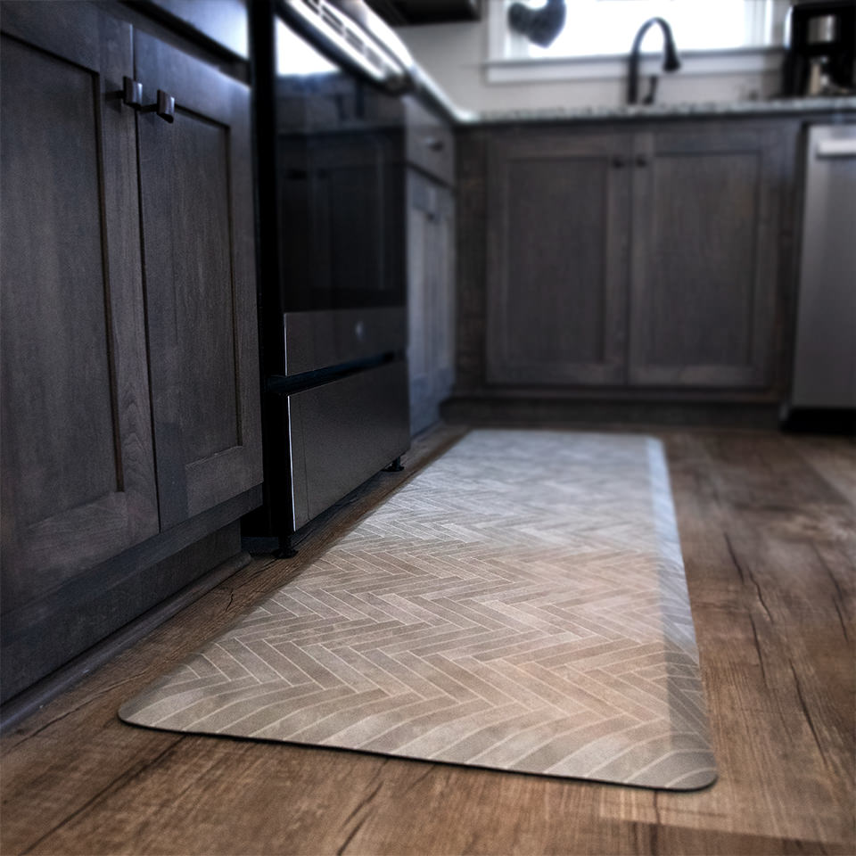 Happy Feet runner Herringbone design of warm tan and soft grey, place in a kitchen