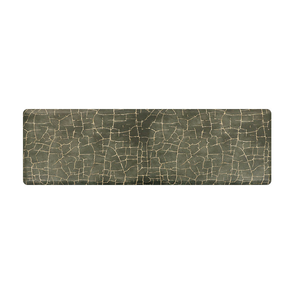 Overhead of anti-fatigue Kintsugi runner mat, surface of distressed greens and cracks of gold, wipeable and comfortable surface