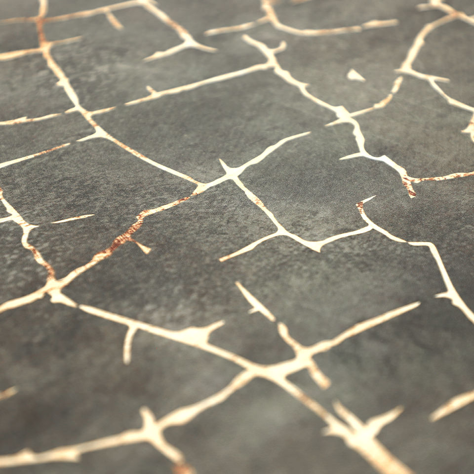 Detailed image of Kintsugi mat's surface of distressed greens and cracks of gold, wipeable surface