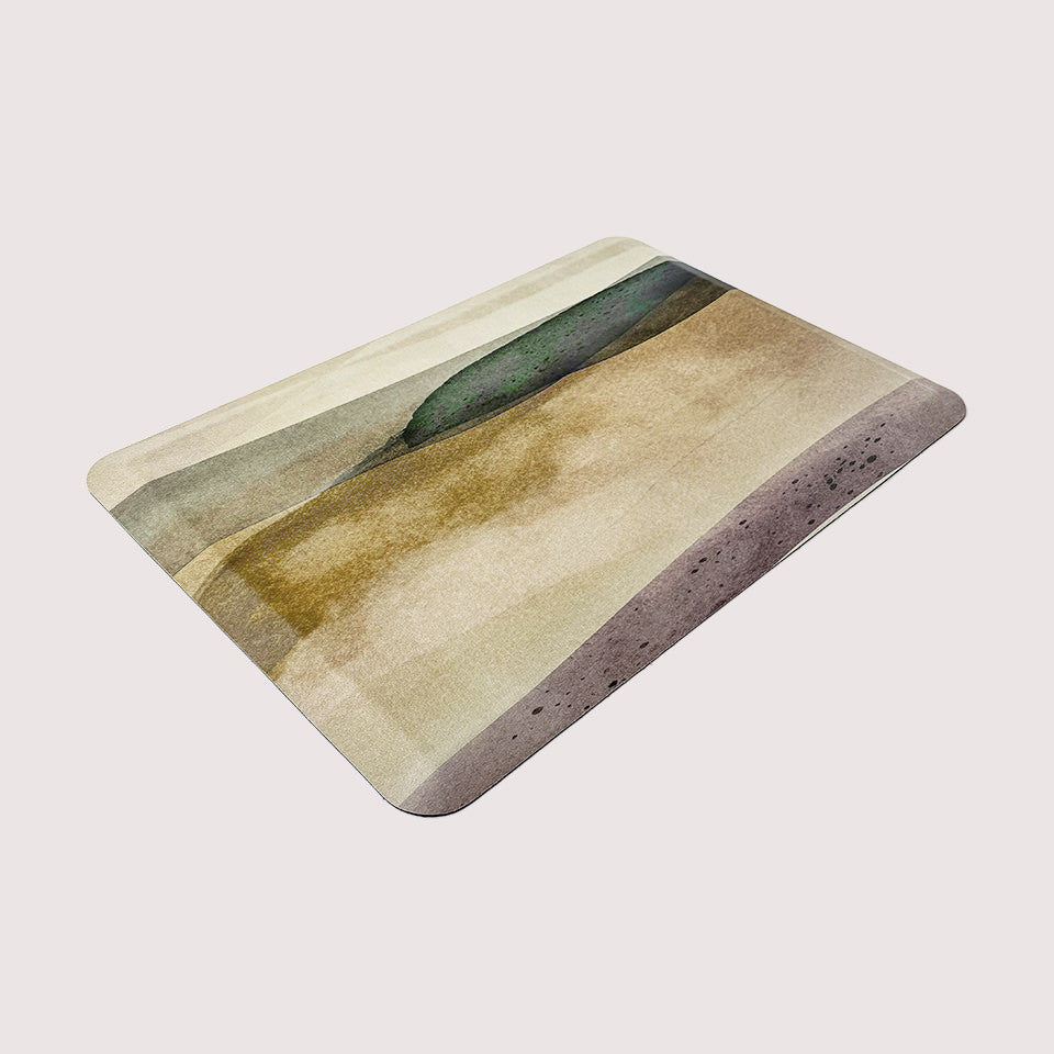 beautiful watercolor landscape displayed on a comfortable cushion mat for kitchens and bathrooms. 