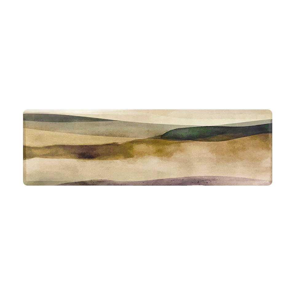beautiful runner ant-fatigue mat with foam cushion for comfort. Watercolor design with brown, beige, greens on a canvas like texture.