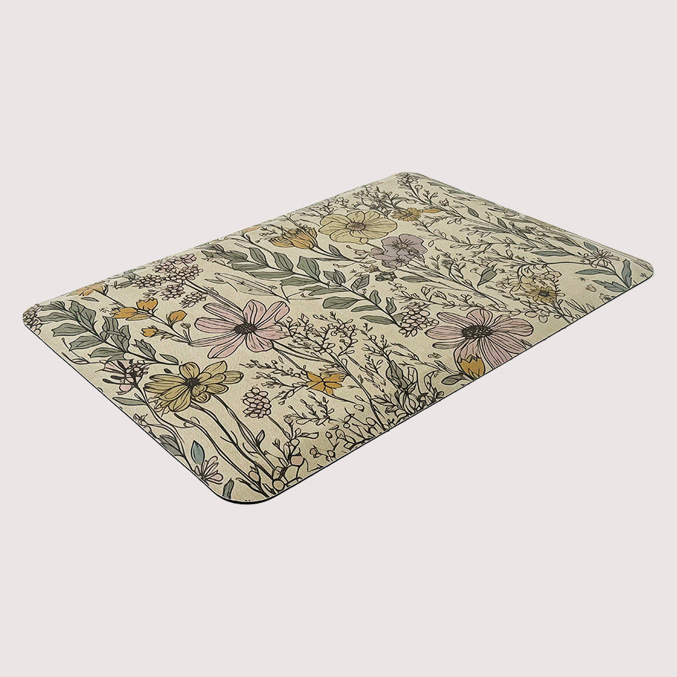 Wildflowers anti-fatigue mat on a light beige color with a canvas-liked textured background