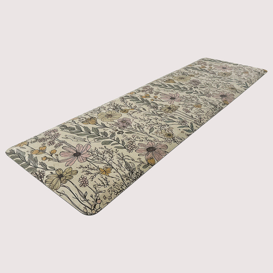 Wildflowers anti-fatigue runner mat on a light beige color with a canvas-liked textured background