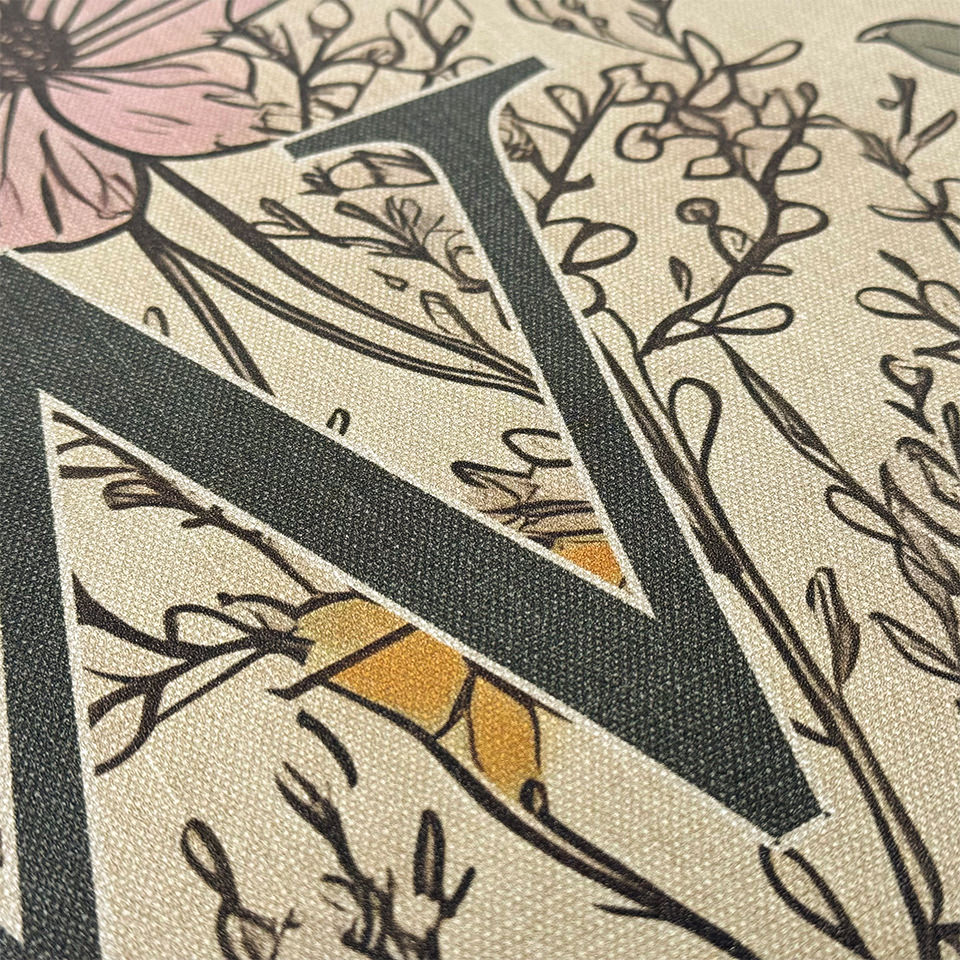 Detailed images of Wildflowers monogrammed letter, a serif font in black with a thin, cream outline on wipeable surface.