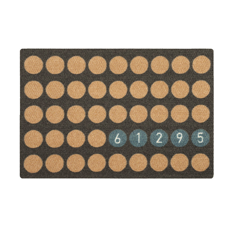 Single door Lucky Numbers mat personalized with street numbers in aqua circles with coir circles in a linear pattern.