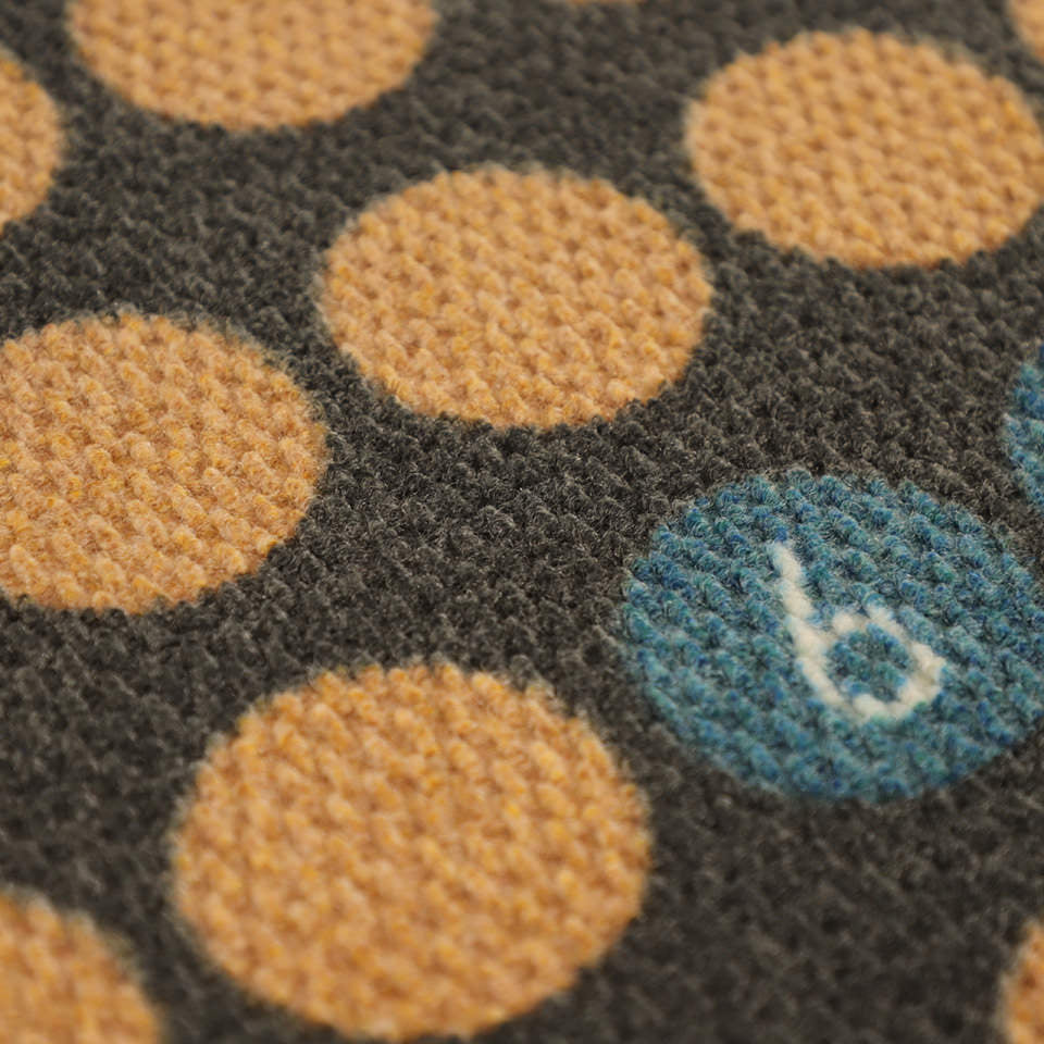 Detailed shot of Lucky Numbers non shedding surface in coir, blue, and grey.