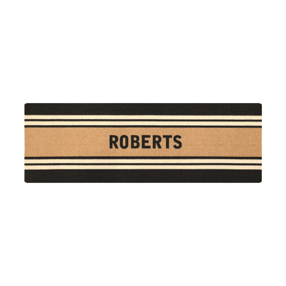 Overhead of double door Modern Moniker mat, personalized name on coir bar with two white lines on a black background.